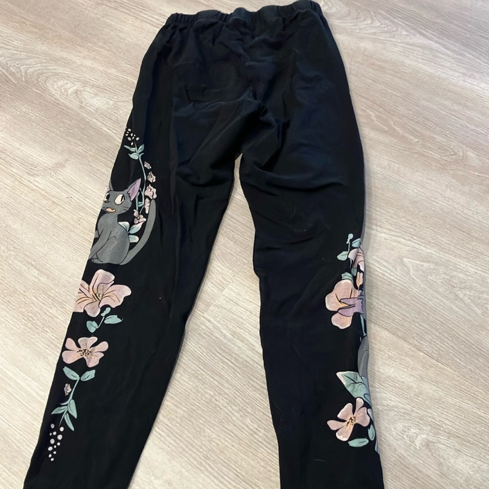 Black Leggings with Floral and Cat Design